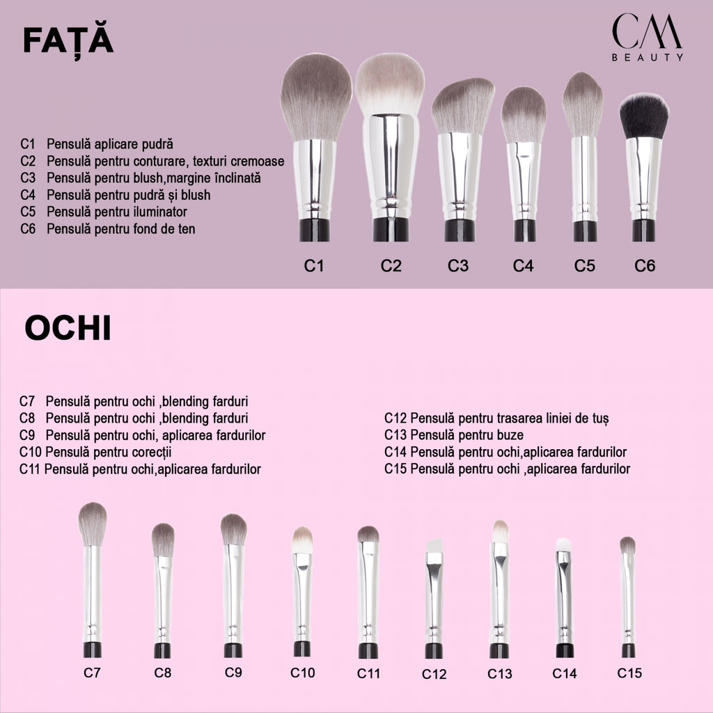 Set 15 pensule machiaj profesionale Onyx Glow