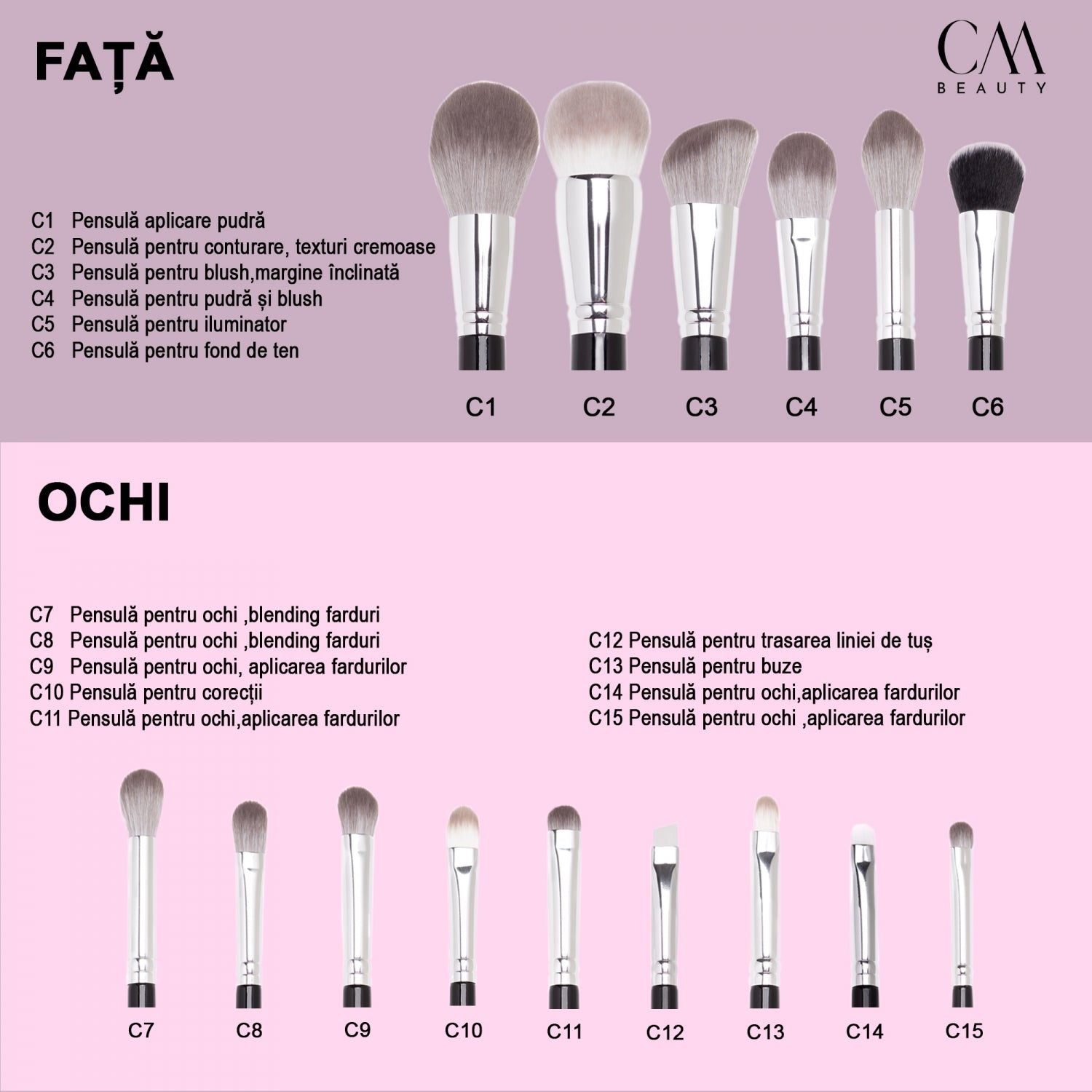Set 15 pensule machiaj profesionale Onyx Glow