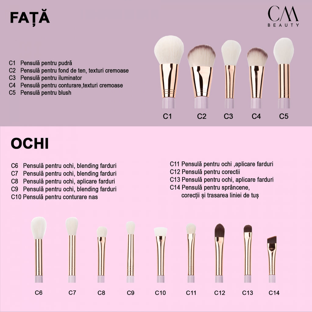 Set 14 pensule machiaj profesionale Lilac Glow