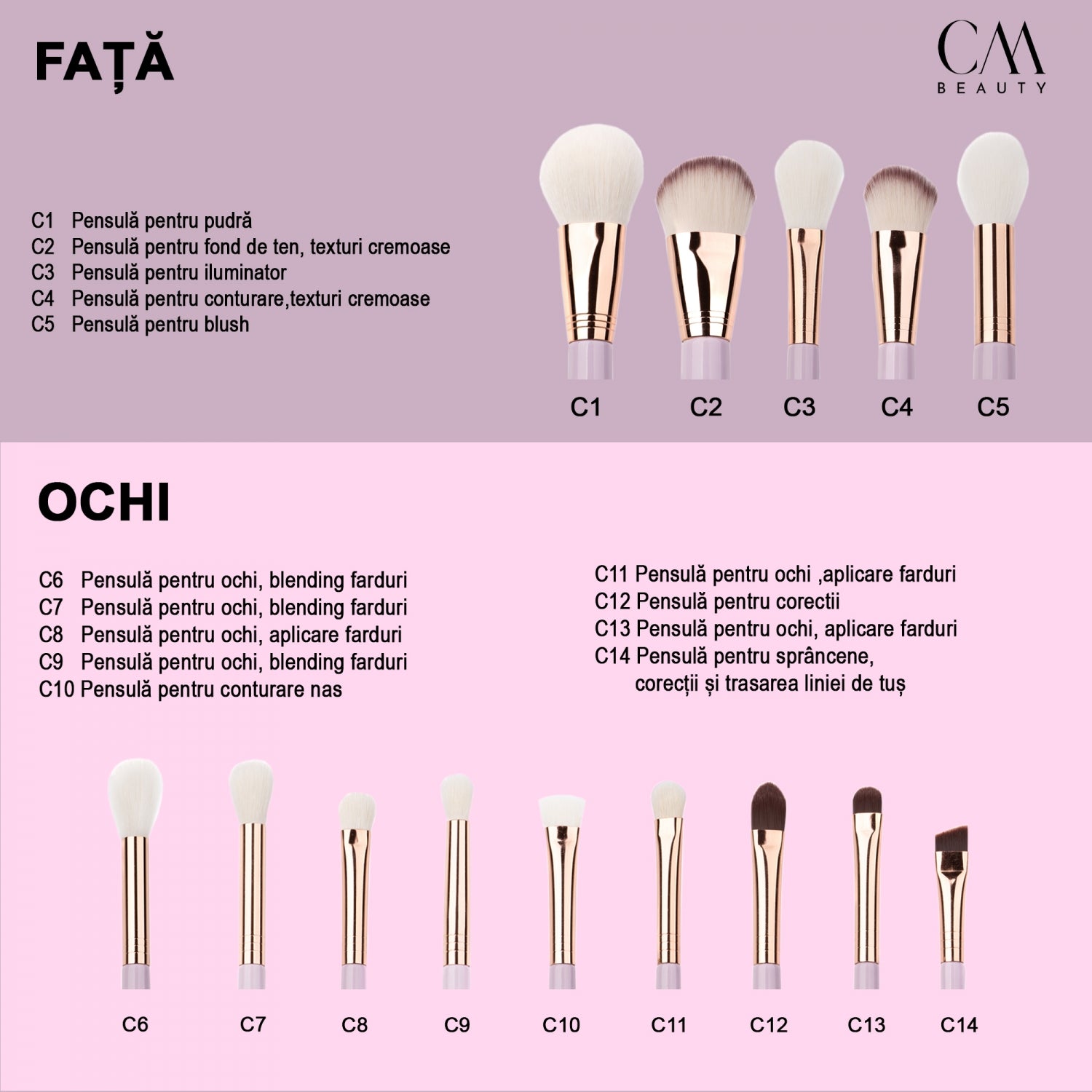 Set 14 pensule machiaj profesionale Lilac Glow