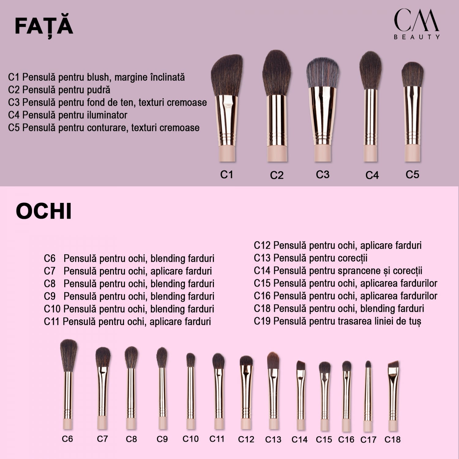 Set 18 pensule machiaj profesionale Nude Glow