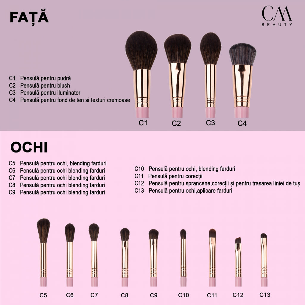 Set 13 pensule machiaj profesionale Rose Gold