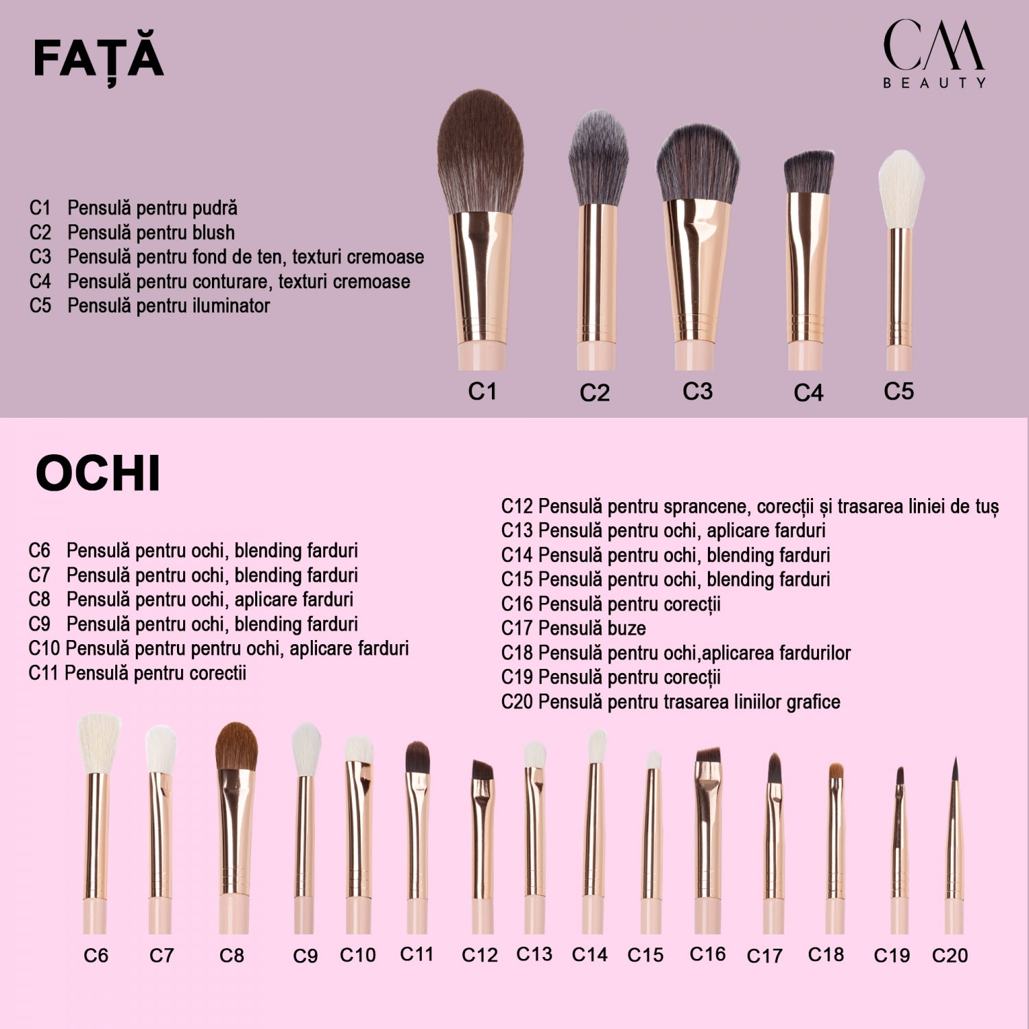 Set 20 pensule machiaj profesionale Soft Nude