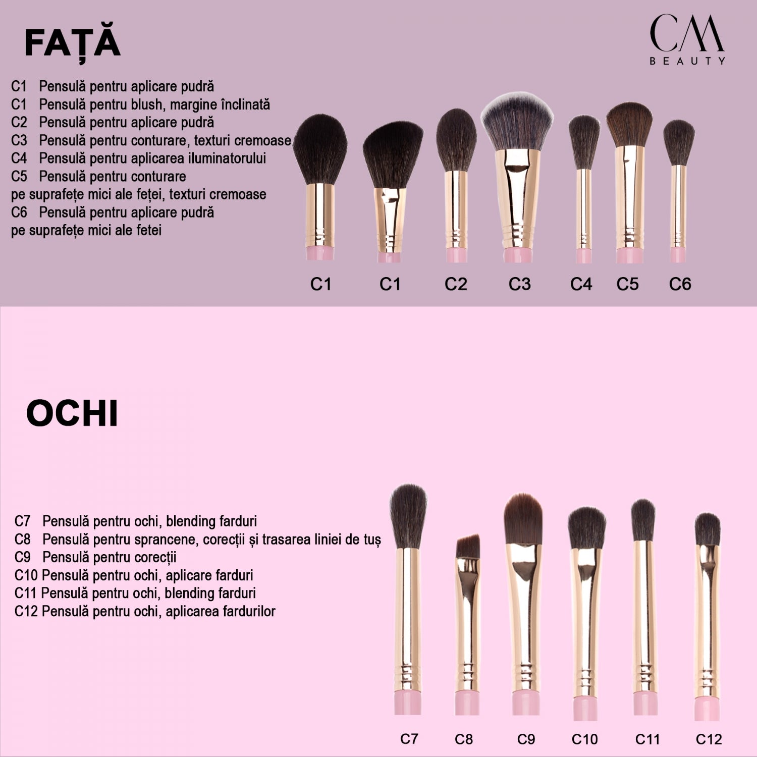 Set 12 pensule machiaj profesionale Rose Gold Glam