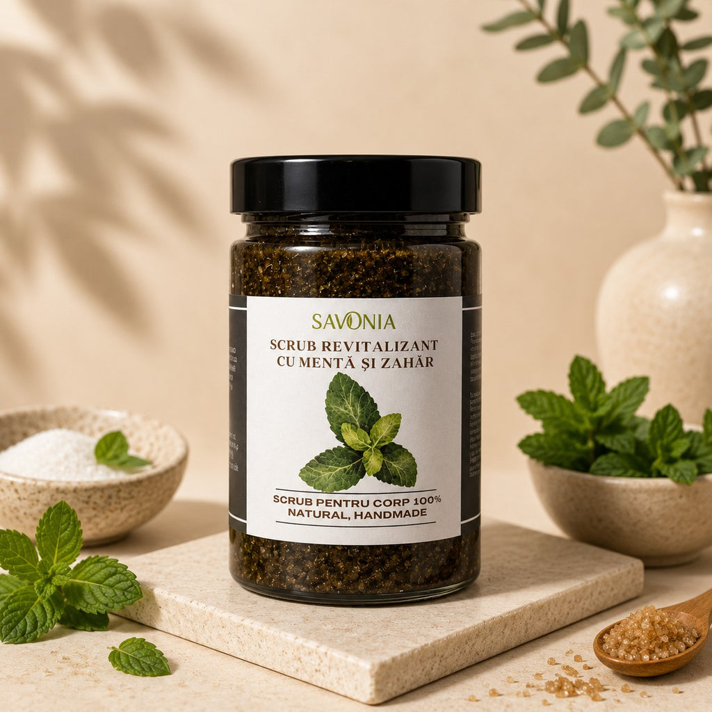 Scrub 100% Natural Revitalizant cu Roinita, Menta Creata si Zahar, Savonia, 350 gr
