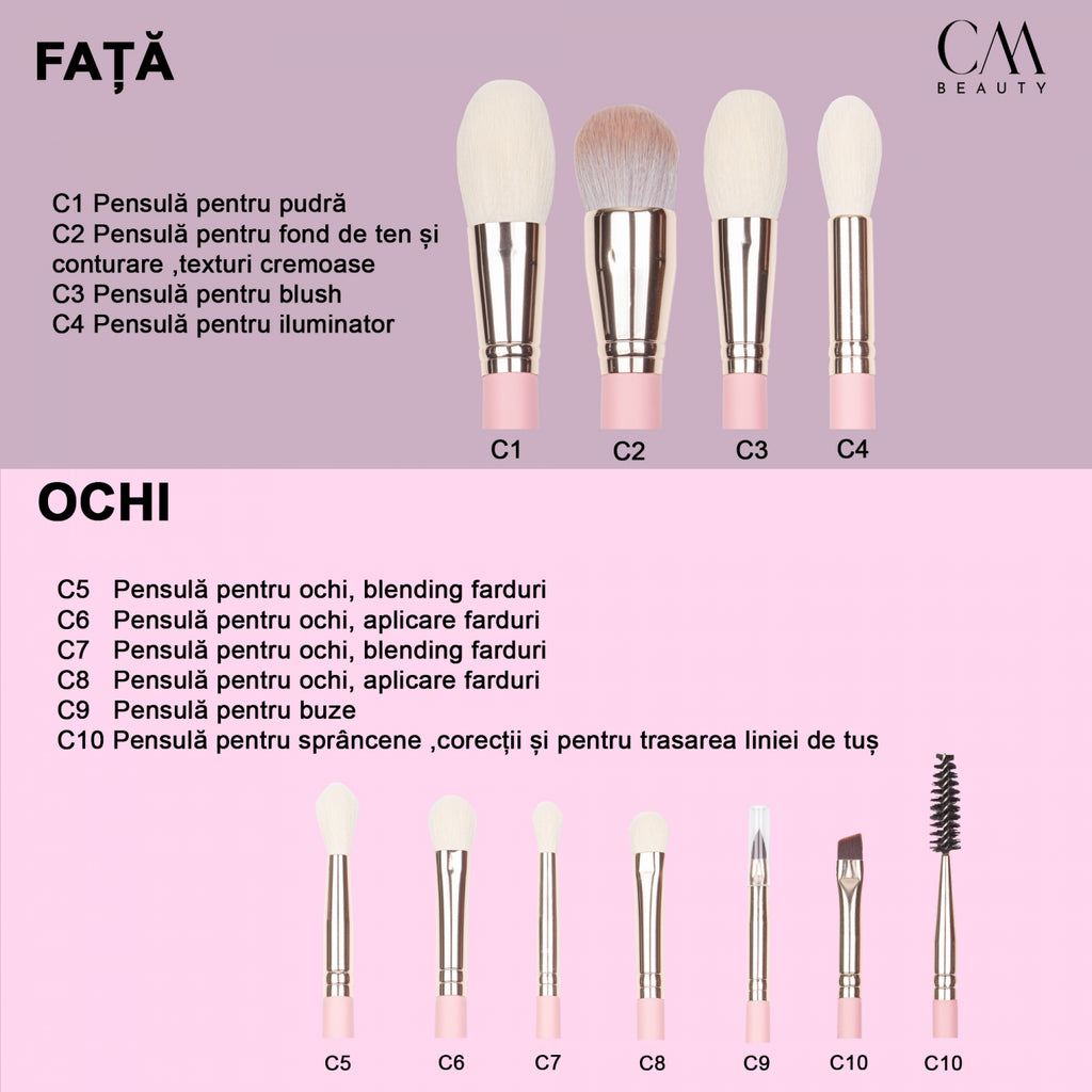 Set 10 pensule machiaj profesionale Pink Perfection