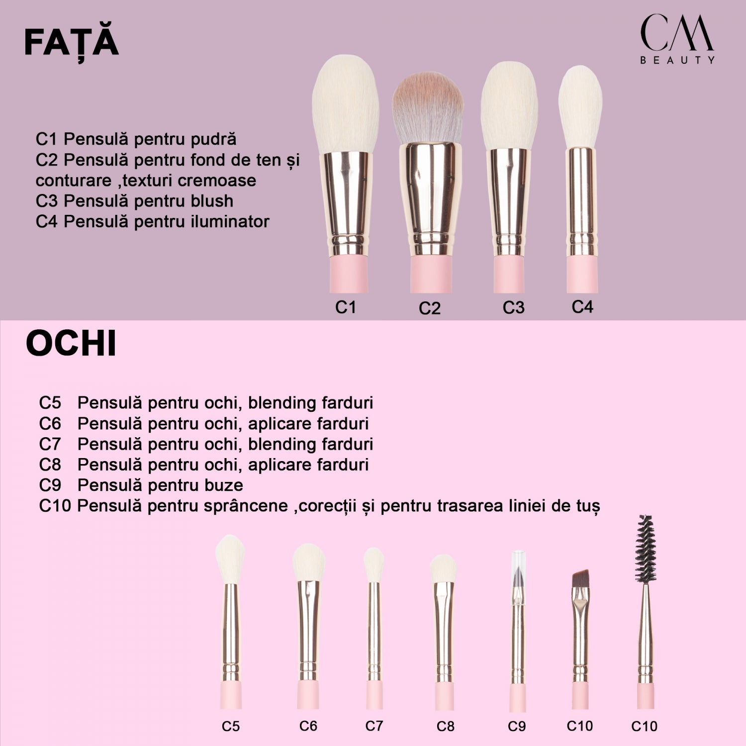 Set 10 pensule machiaj profesionale Pink Perfection