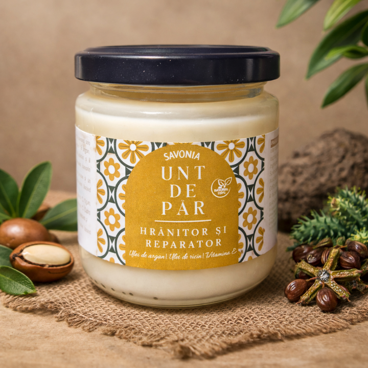 Unt de păr hrănitor și reparator 100% Natural cu argan, ricin și Vitamina E – Savonia, 160 g